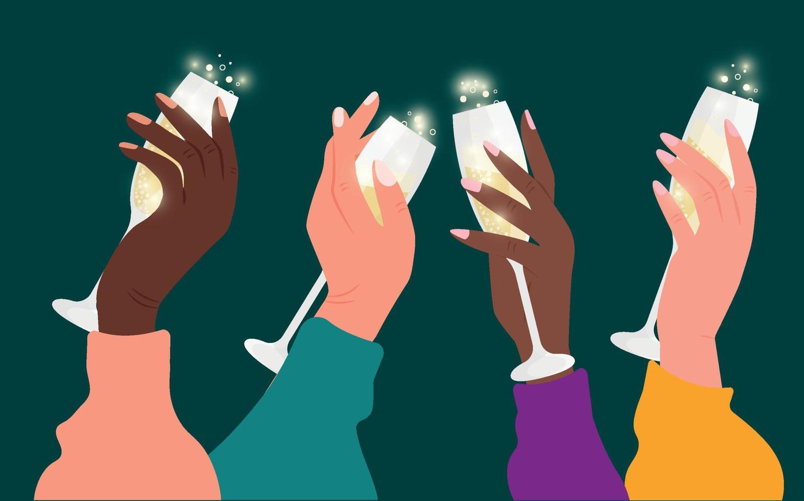 Festive illustration of four female hands holding champagne glasses. Vector illustration