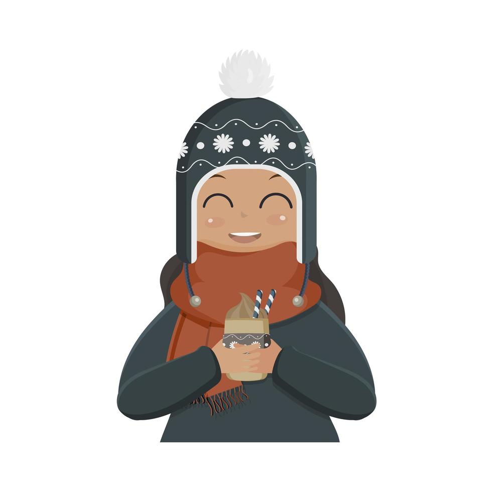 A girl in a winter knitted hat and a red scarf holds a hot drink in her hands. A cute girl in winter clothes drinks a warm drink. Vector illustration.