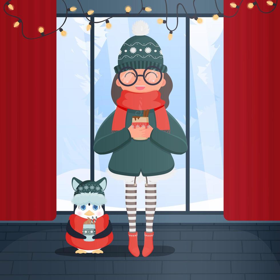 una niña con un gorro de punto de invierno y una bufanda roja sostiene una bebida caliente en sus manos. pequeño pingüino en ropa de invierno. postal lista. ilustración vectorial. vector