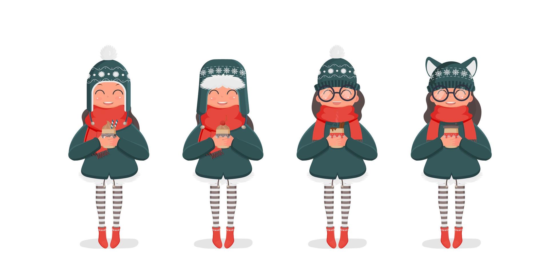 una niña con un gorro de punto de invierno y una bufanda roja sostiene una bebida caliente en sus manos. chica con botas rojas y medias a rayas. concepto de invierno, navidad y año nuevo. conjunto de ilustración vectorial. vector