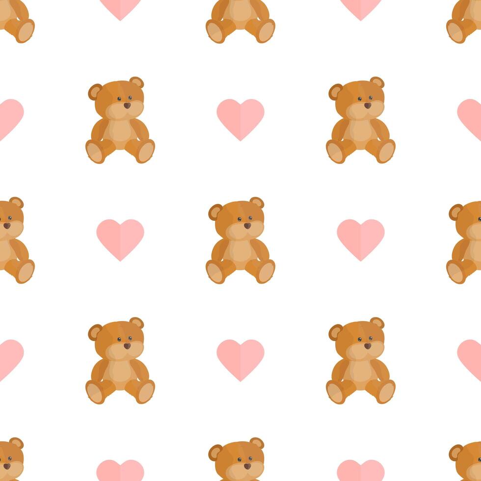 Seamless pattern with teddy bear and hearts. Festive pattern. Suitable for postcards, backgrounds, books and posters. Vector illustration.