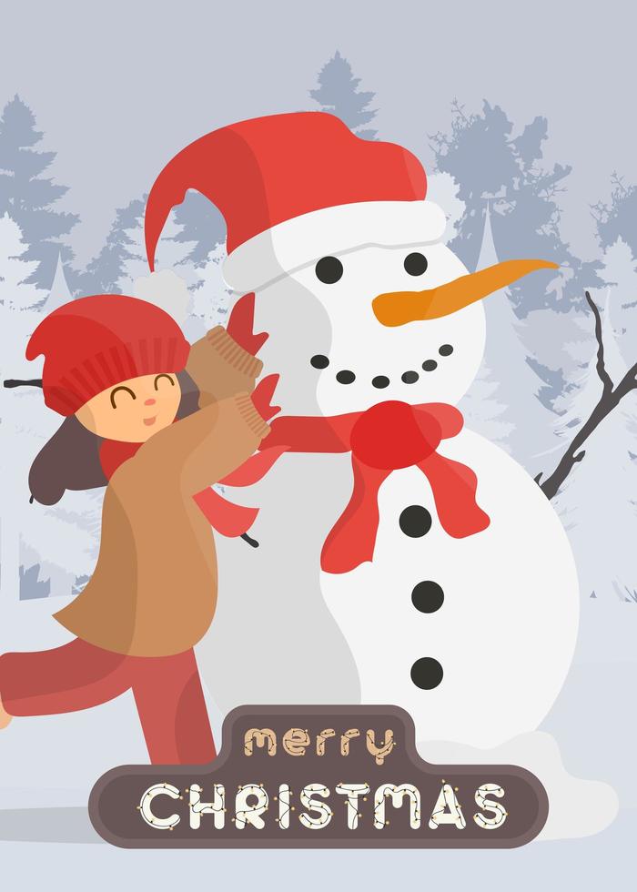 postal de feliz navidad. una niña esculpe un muñeco de nieve en un bosque nevado. muñeco de nieve, niña con ropa de abrigo de invierno. dibujos animados, vector