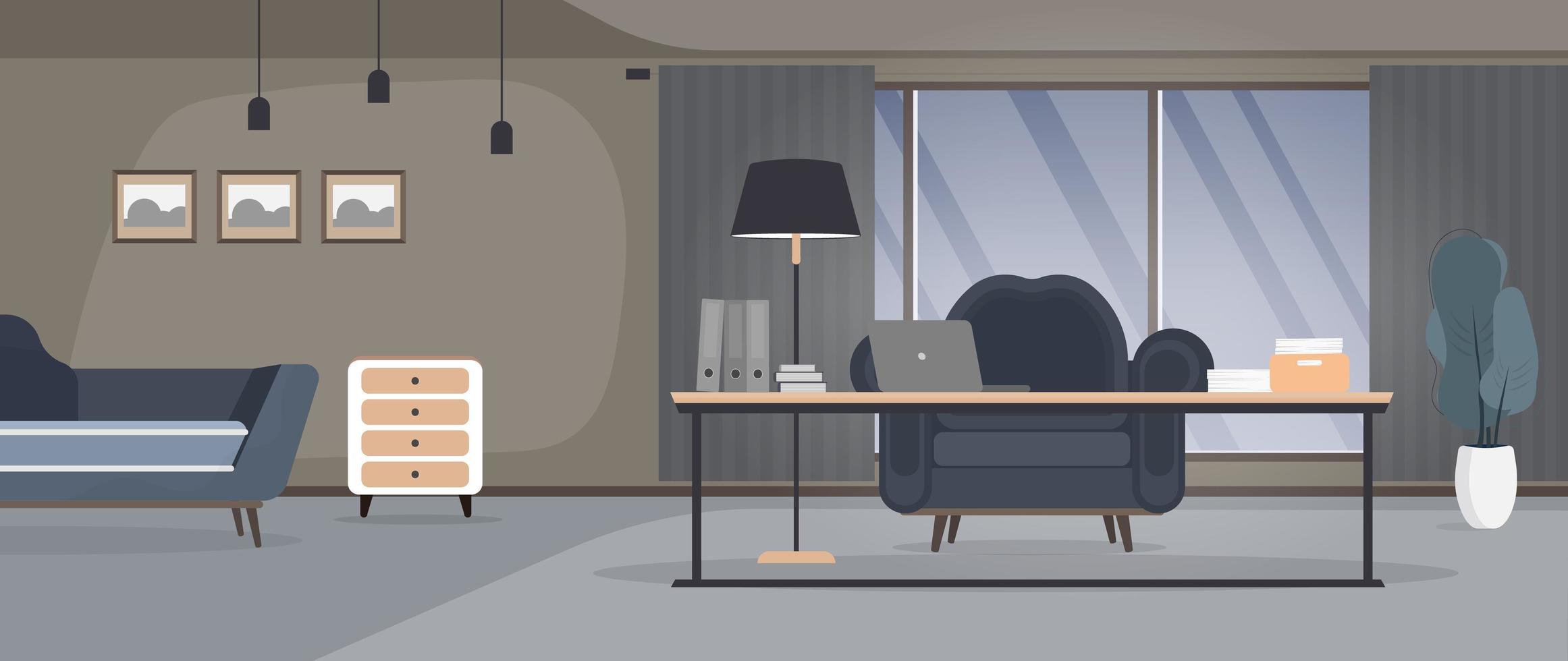 Habitacion estilo loft. cuarto brillante. lugar de trabajo mesa con laptop, libros y documentos. flor en maceta, mueble de madera, cuadros. vector. vector