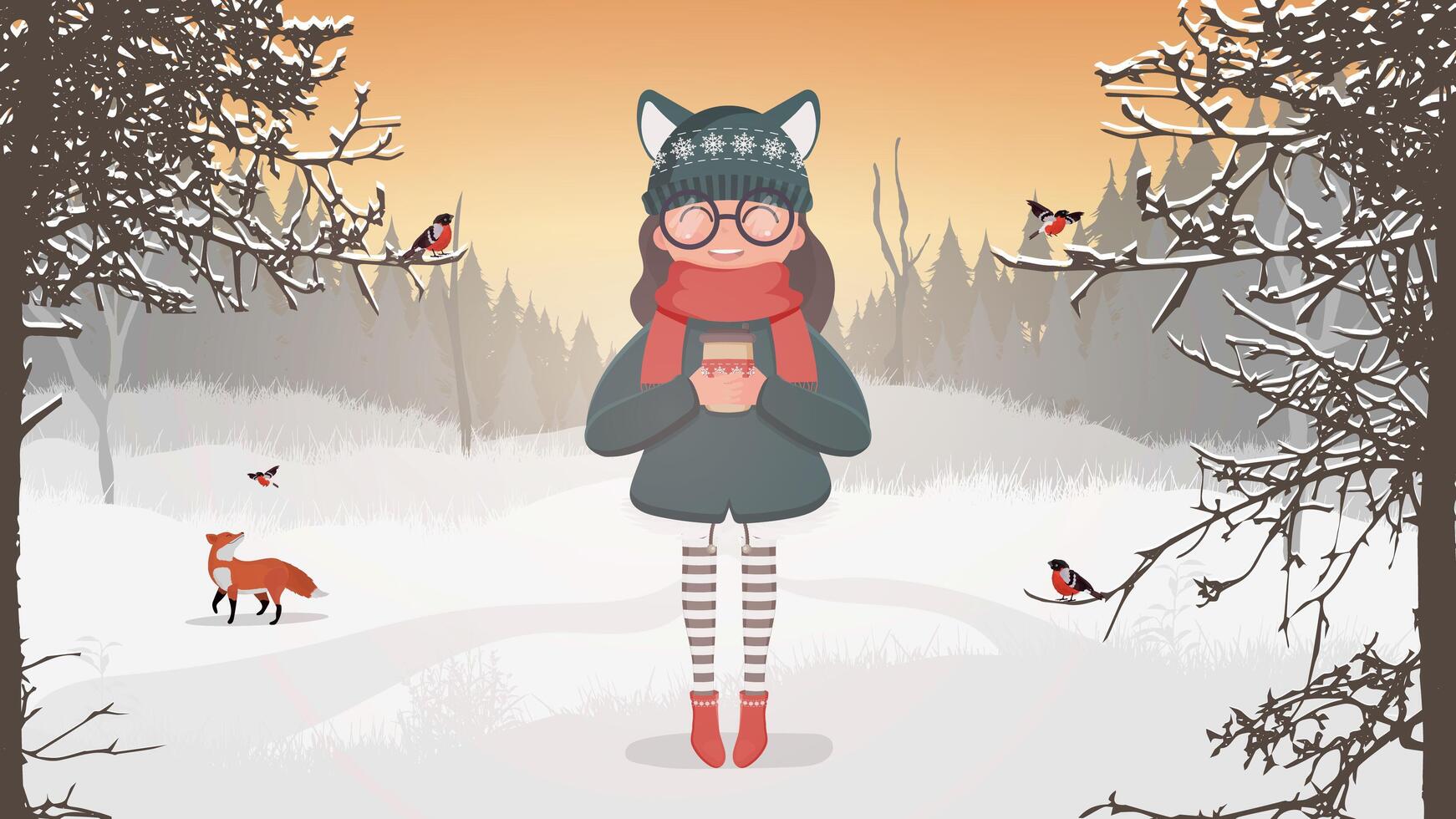 A woman with winter warm clothes and glasses holds a cup in her hands. A girl in a snowy forest drinks a hot drink. Ready-made postcard for a winter theme. Vector