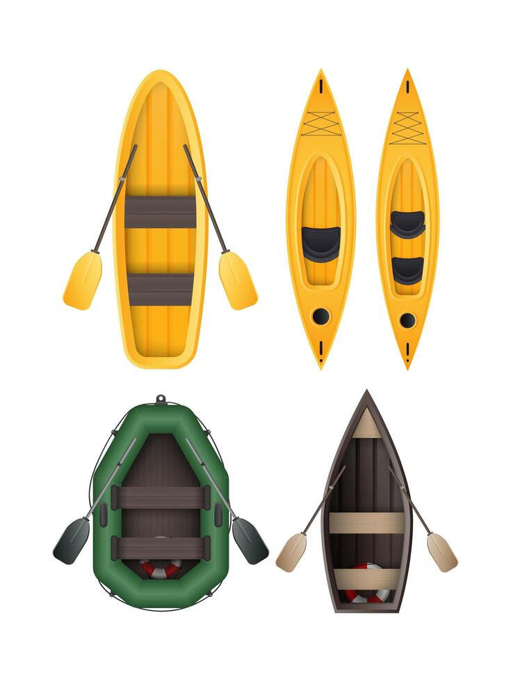 un conjunto de botes para pescar, remar y nadar. iconos sobre el tema del turismo acuático. ilustración vectorial. vector