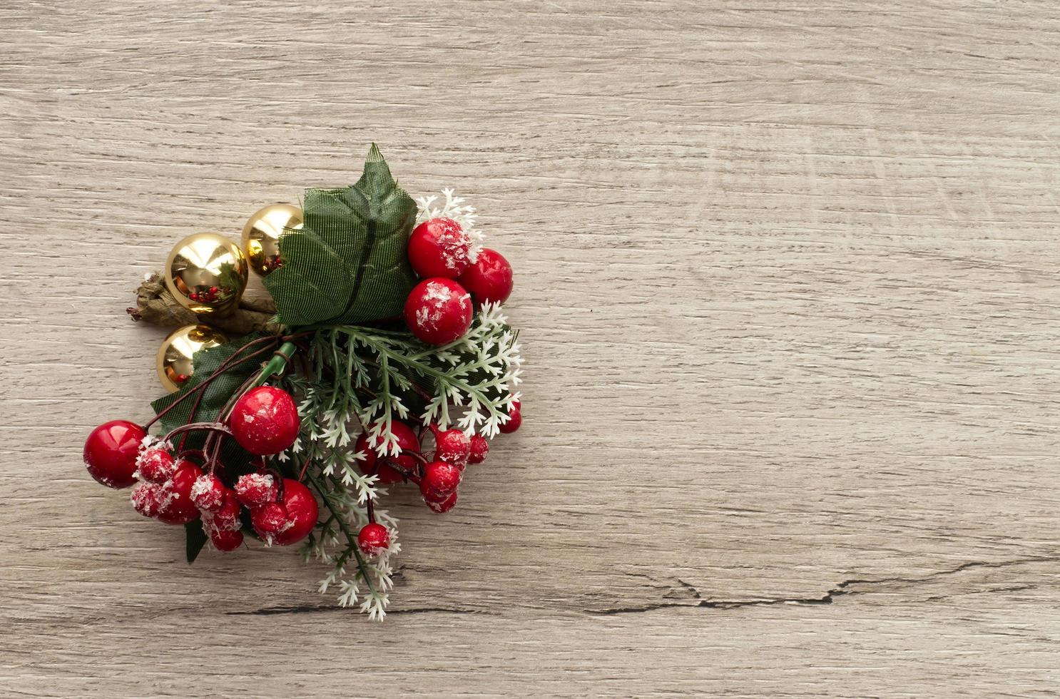 Christmas ornament and decoration on wooden background. Top view with copy space for your text photo