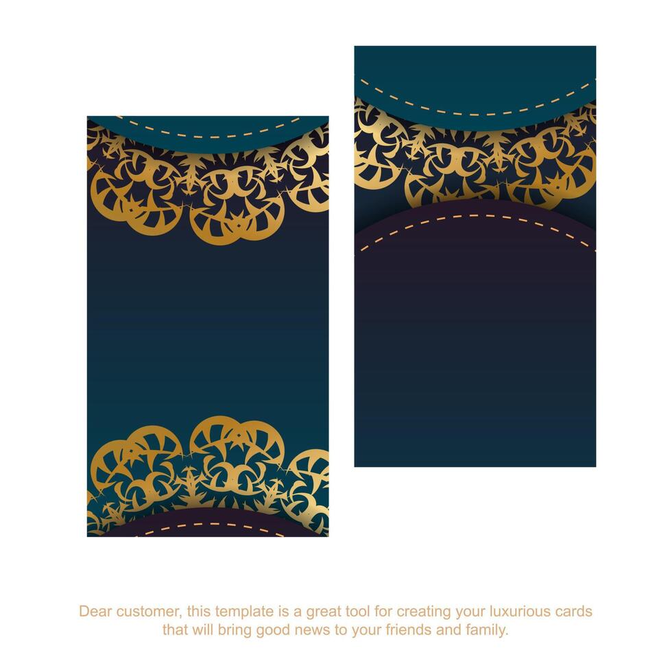 Blue gradient business card with Indian gold pattern for your brand. vector