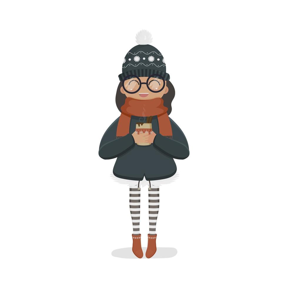 A girl in a winter knitted hat and a red scarf holds a hot drink in her hands. Girl in red boots and striped tights. Winter, christmas and new year concept. Vector. vector