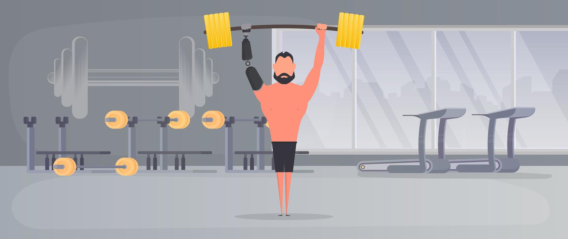 A man with a prosthetic hand raises a barbell. A disabled person is engaged in a sports hall. The concept of human recovery through robotization. Vector. vector