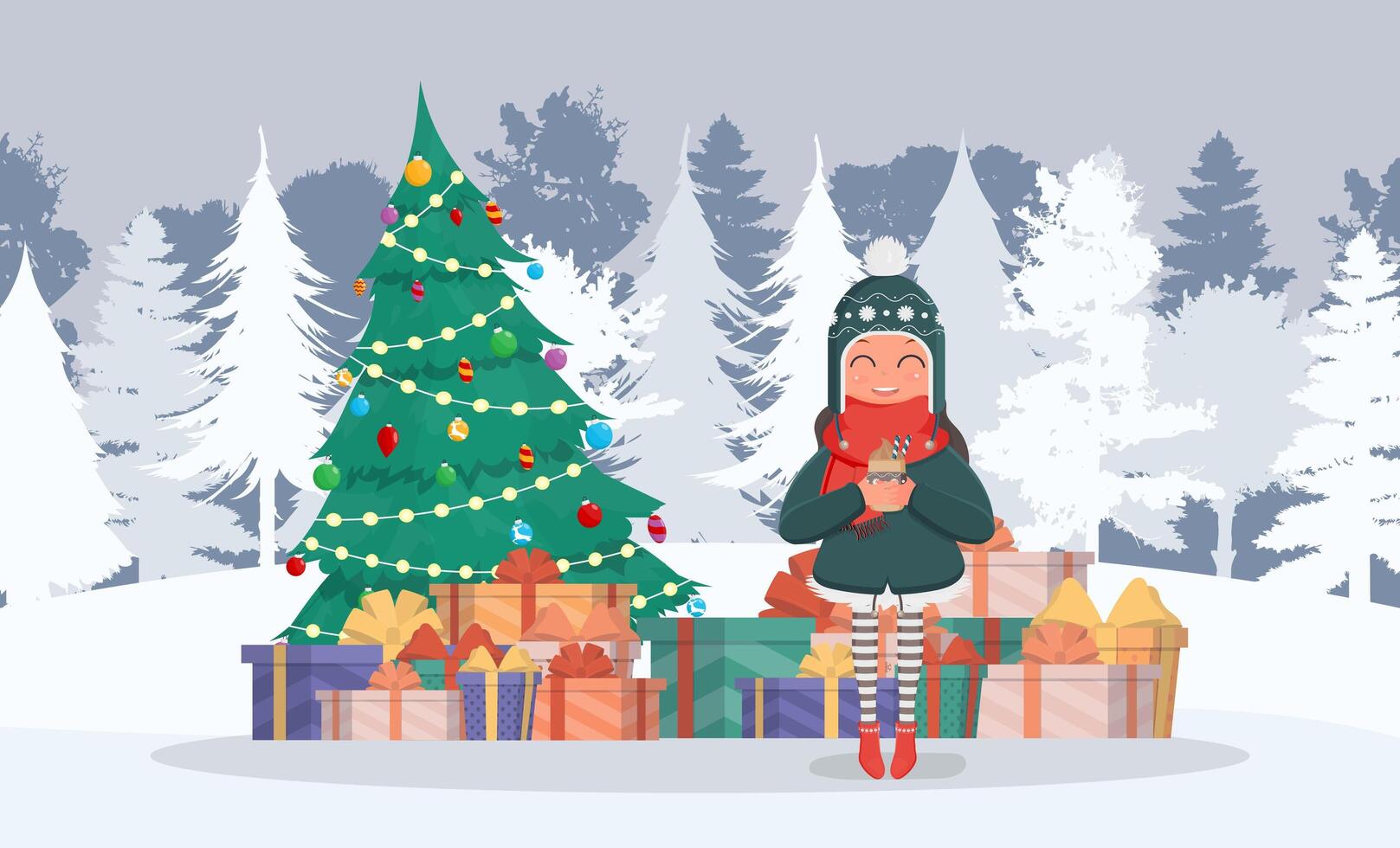 Postcard merry christmas. A girl in a snowy forest drinks a hot drink on the background of a pine tree and gifts. vector