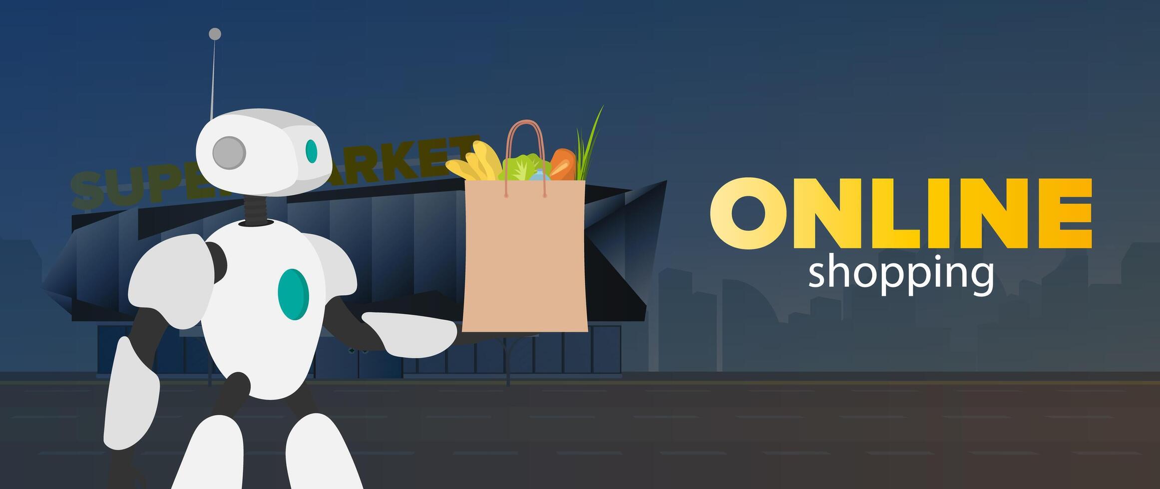 Online store of banners. The robot is holding a bag in his hands. Online shopping and delivery concept. Vector. vector