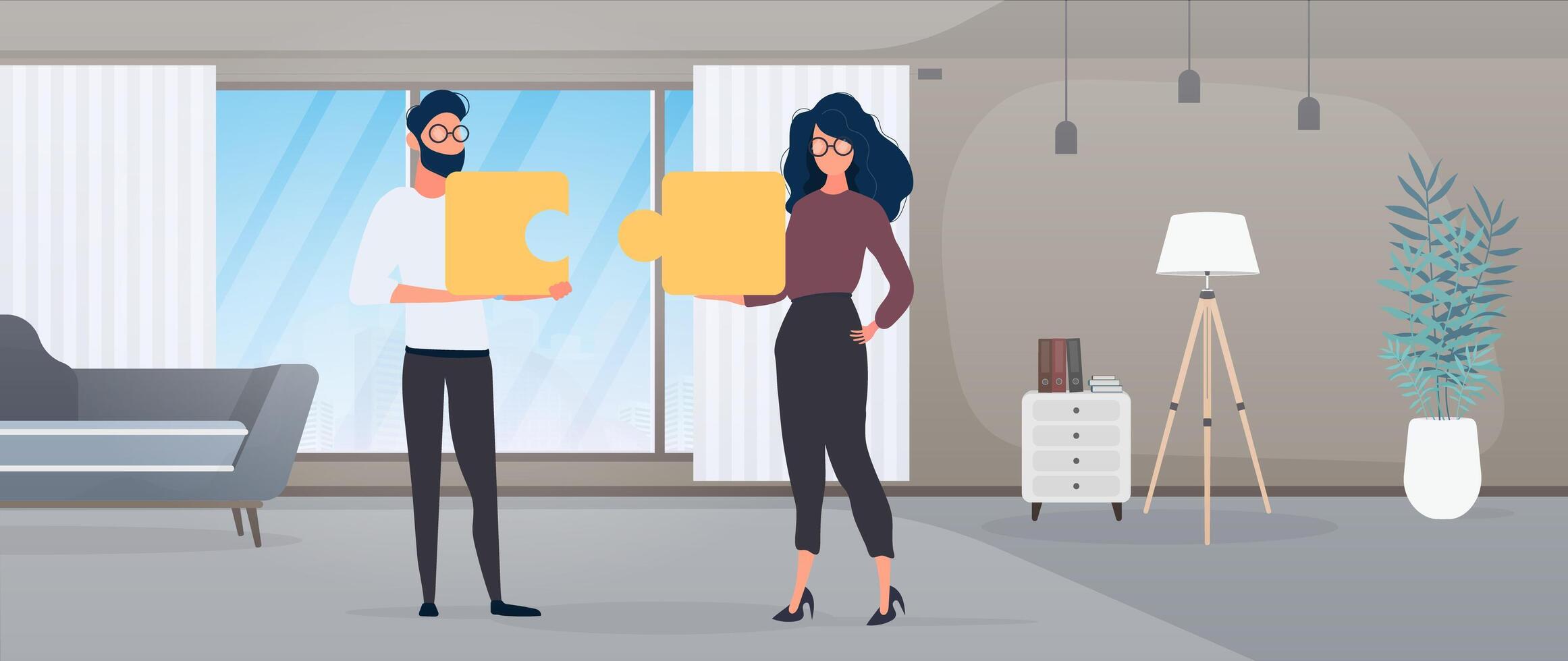 The guy and the girl are holding puzzle pieces. The woman and the man are putting together a puzzle. Office. The concept of teamwork, living together or understanding. . vector