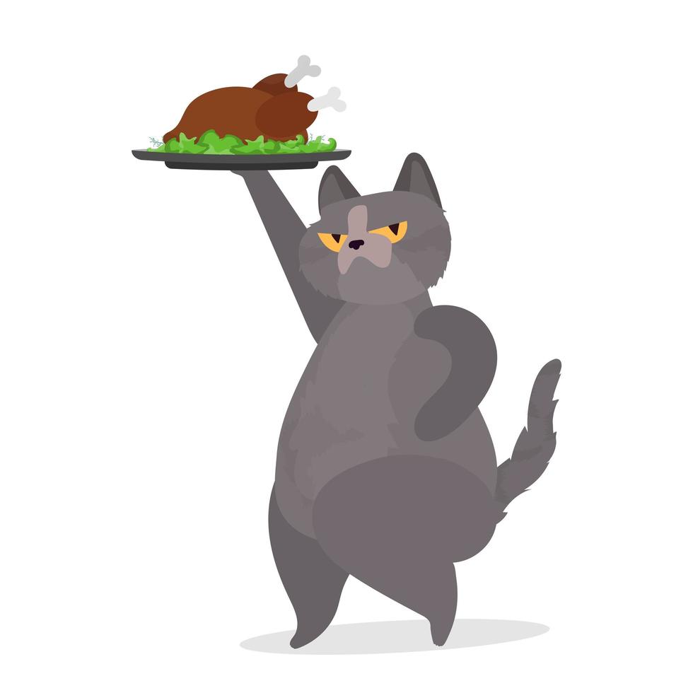 Funny cat is holding a roast turkey. A cat with a funny look holds a fried chicken. Good for stickers, cards and t-shirts. Isolated. Vector. vector