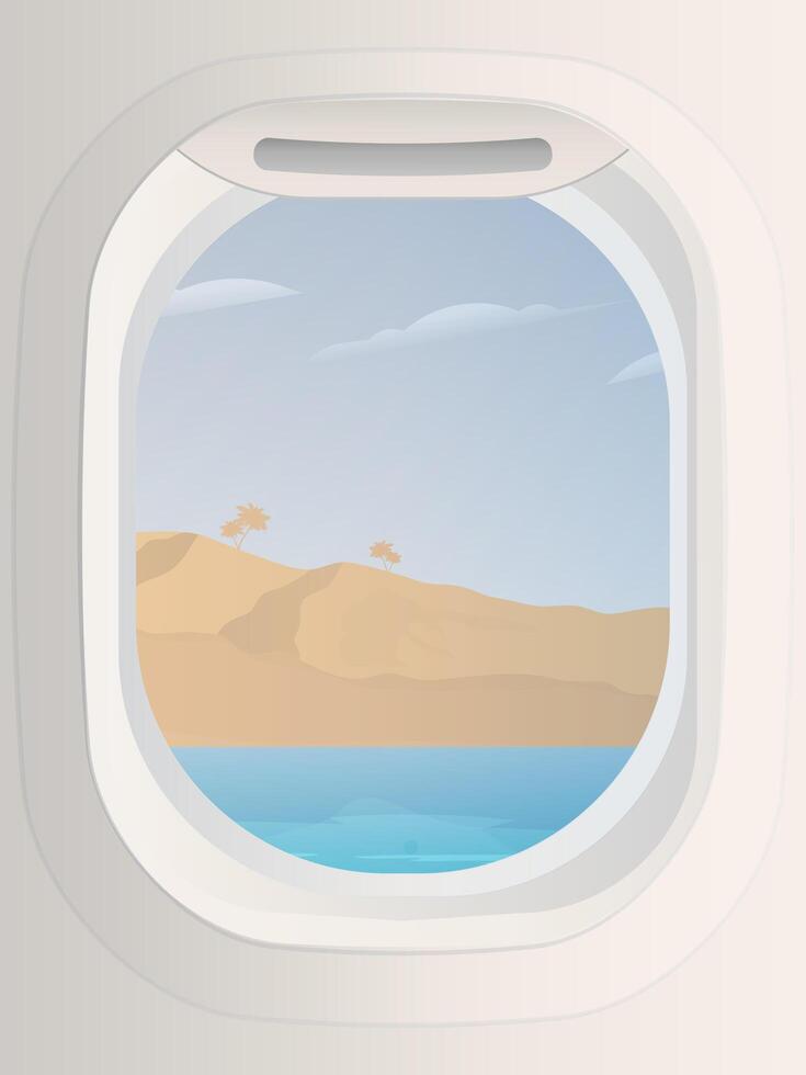 An airplane window looking out on the ocean and desert vector