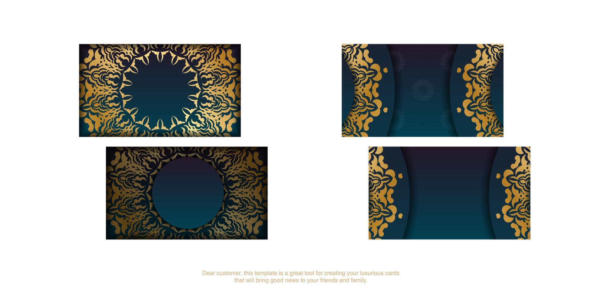 Blue gradient business card with Indian gold ornaments for your brand. vector