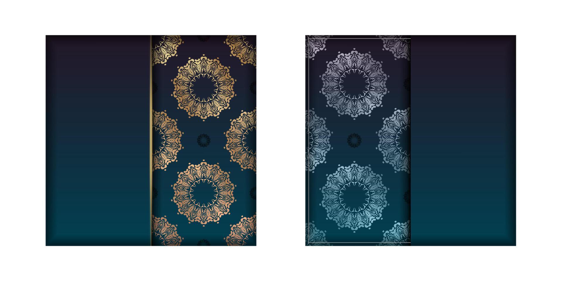 Template Congratulatory Brochure with gradient blue color with luxurious gold ornaments for your brand. vector