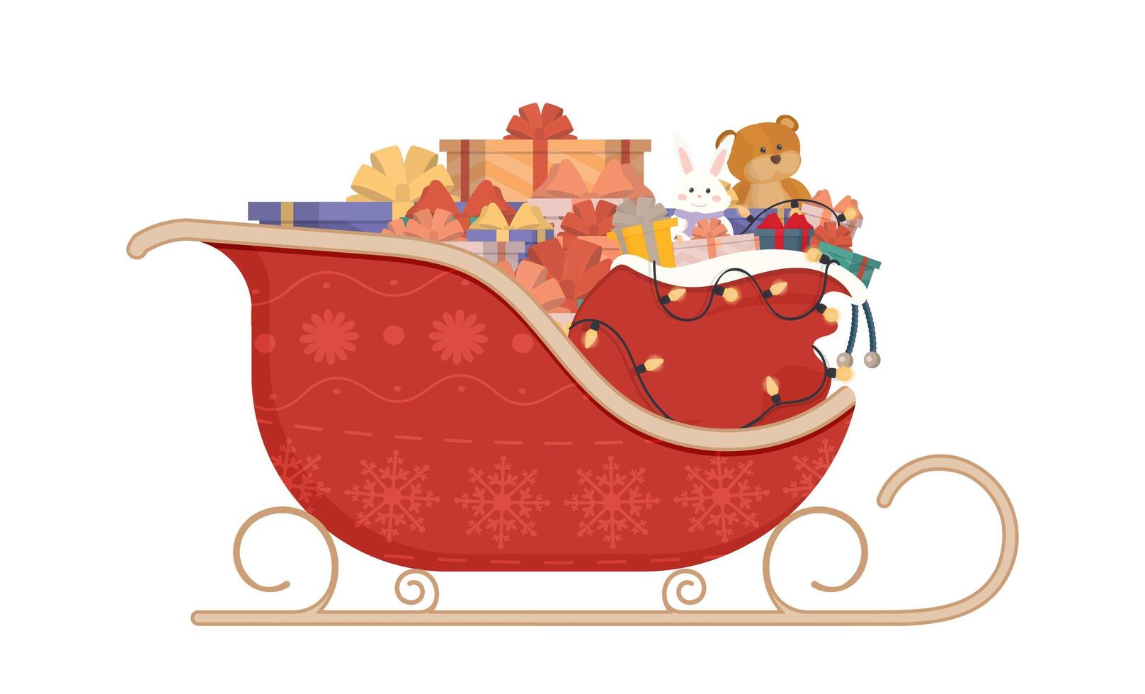 Red sleds of Santa Claus with gifts. Vector illustration isolated on white background. Cartoon style design.