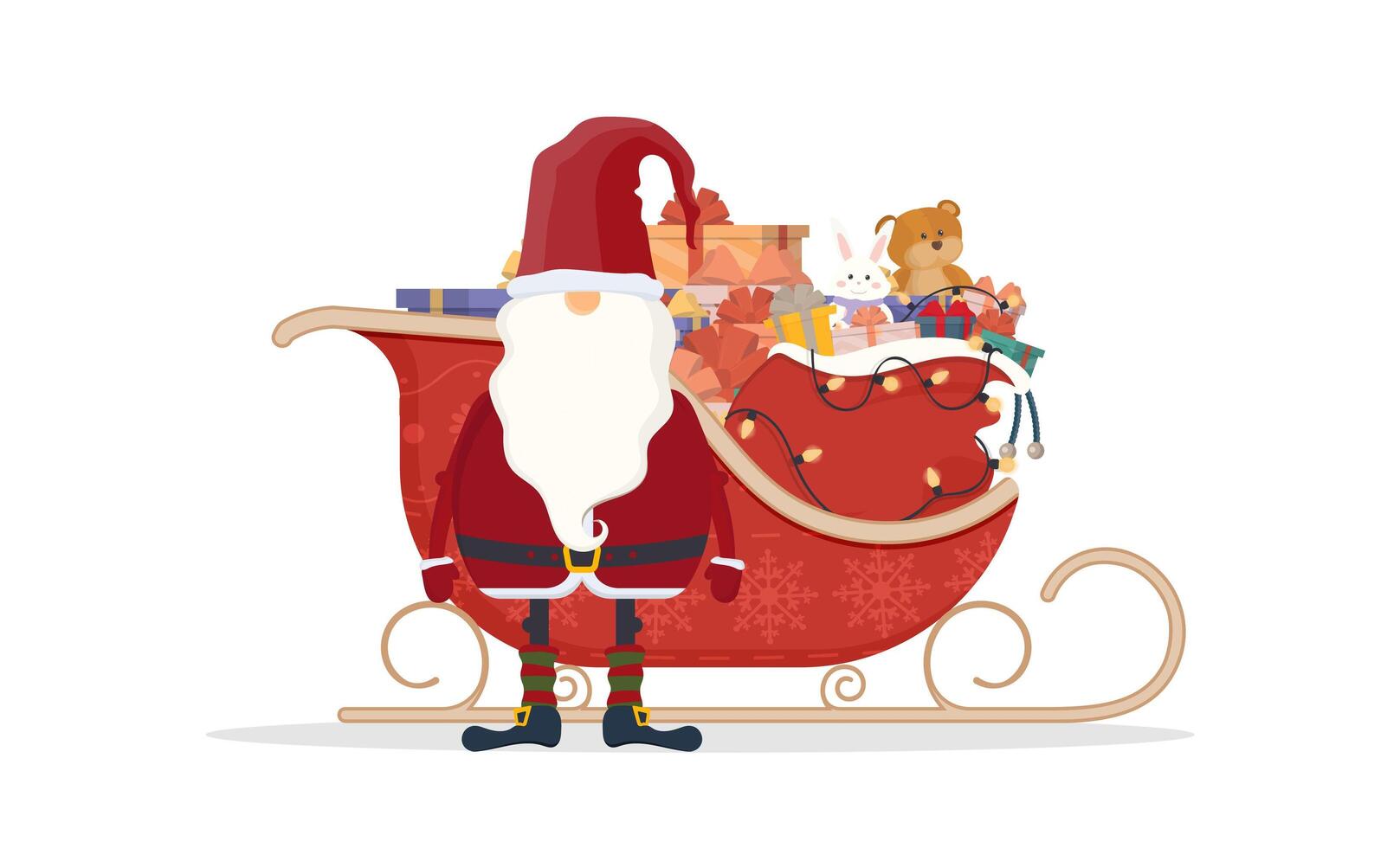 Santa claus with red sleds. Sleds, gifts, new year and christmas concept. Vector illustration isolated on white background. Cartoon style design.
