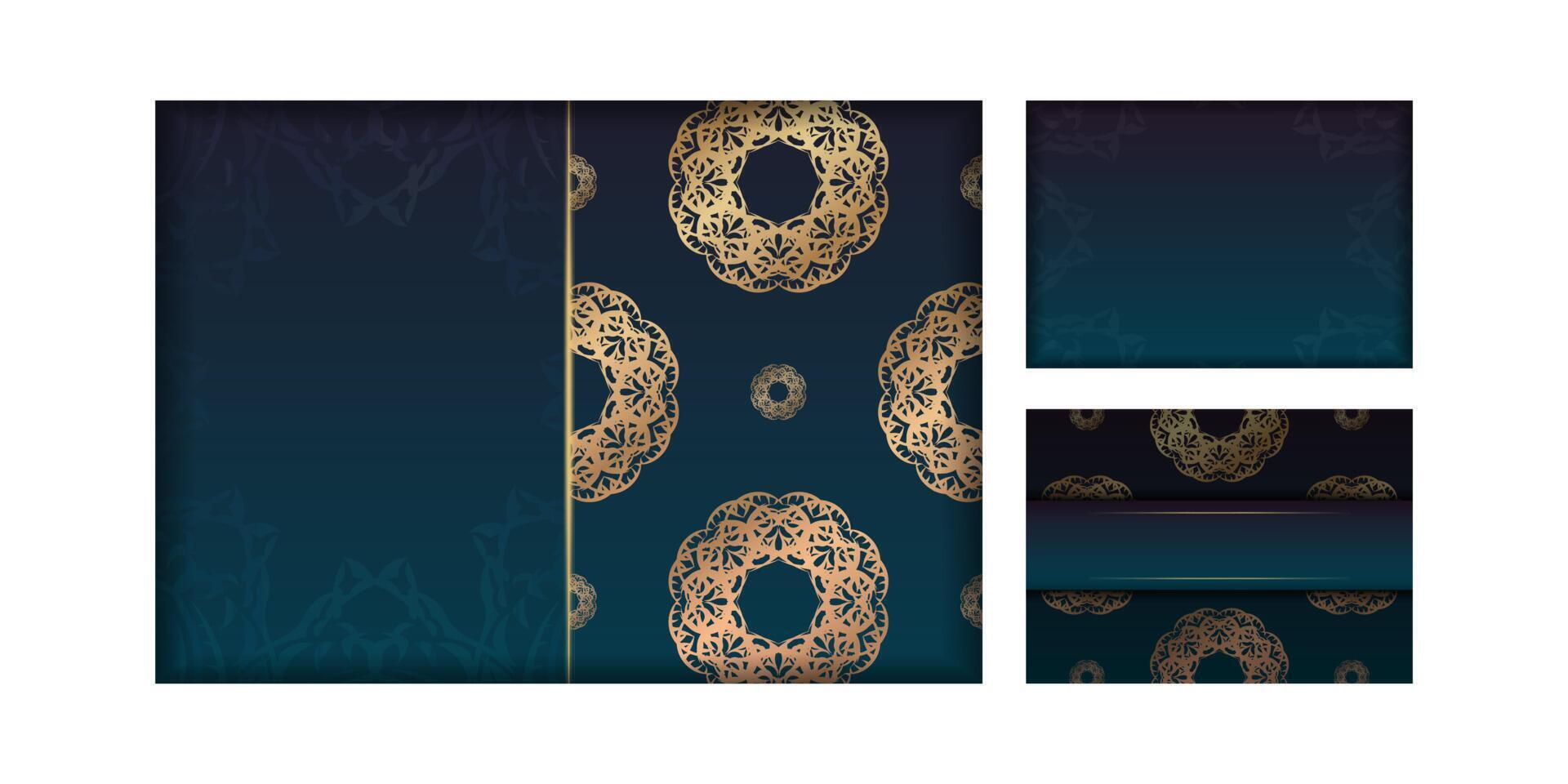 Brochure template with gradient blue color with greek gold ornaments ready for printing. vector
