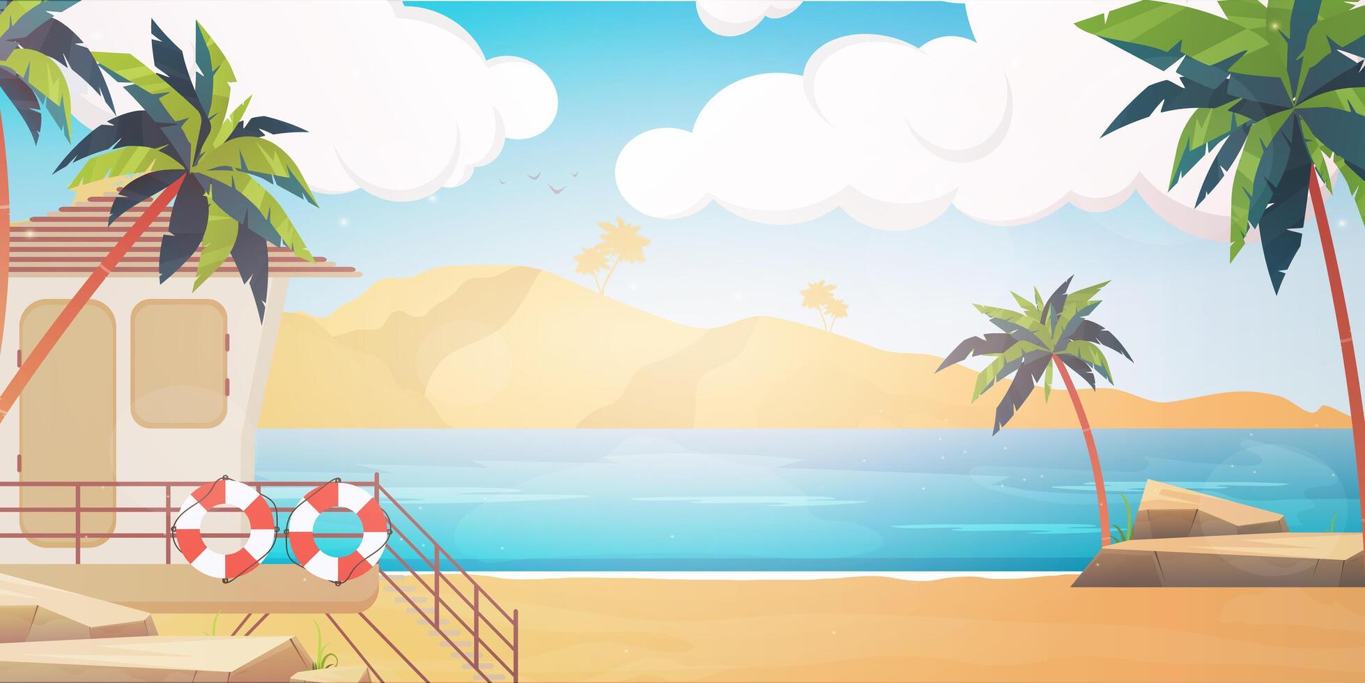 playa con puesto de salvamento. Ilustración de la isla de verano en estilo de dibujos animados. vector