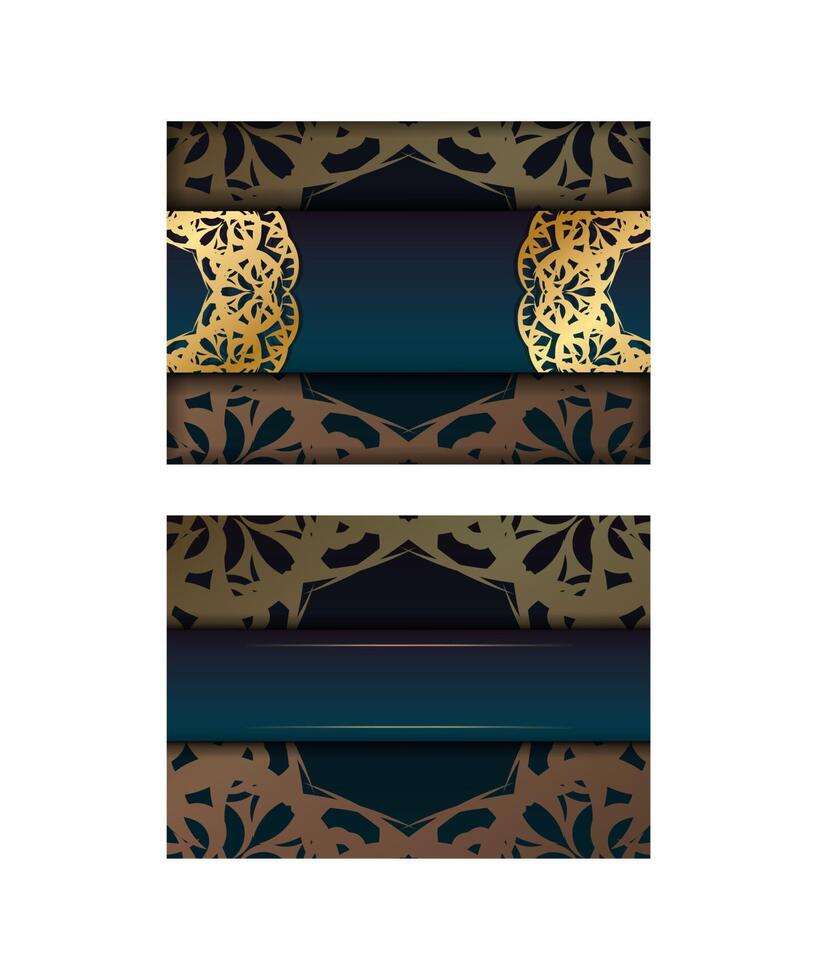 Brochure template with gradient blue color with mandala gold pattern prepared for printing. vector