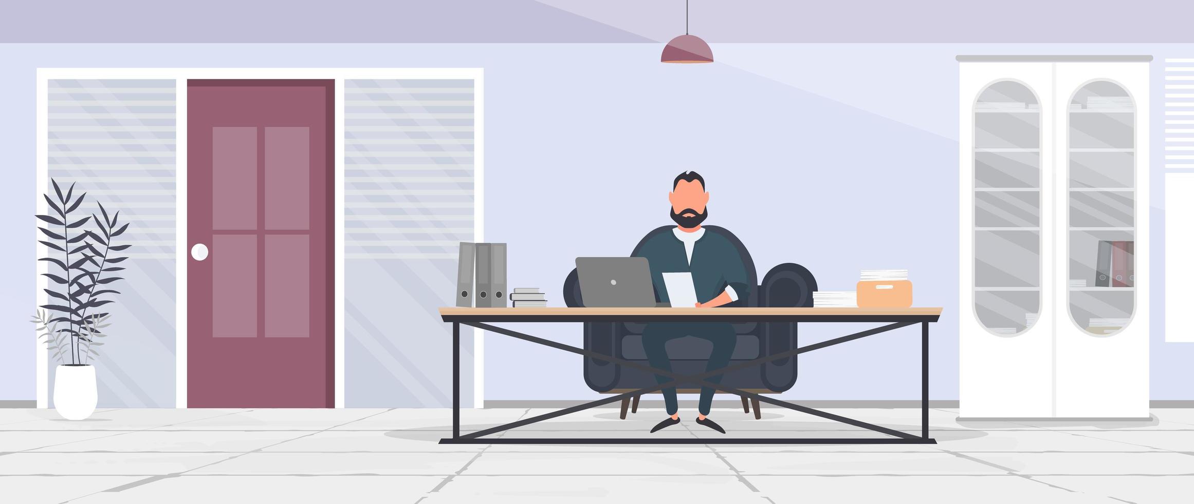 un hombre de negocios está trabajando en una computadora portátil en su oficina. lugar de trabajo del director. laptop, documentos, libros, mesa tipo loft. vector. vector