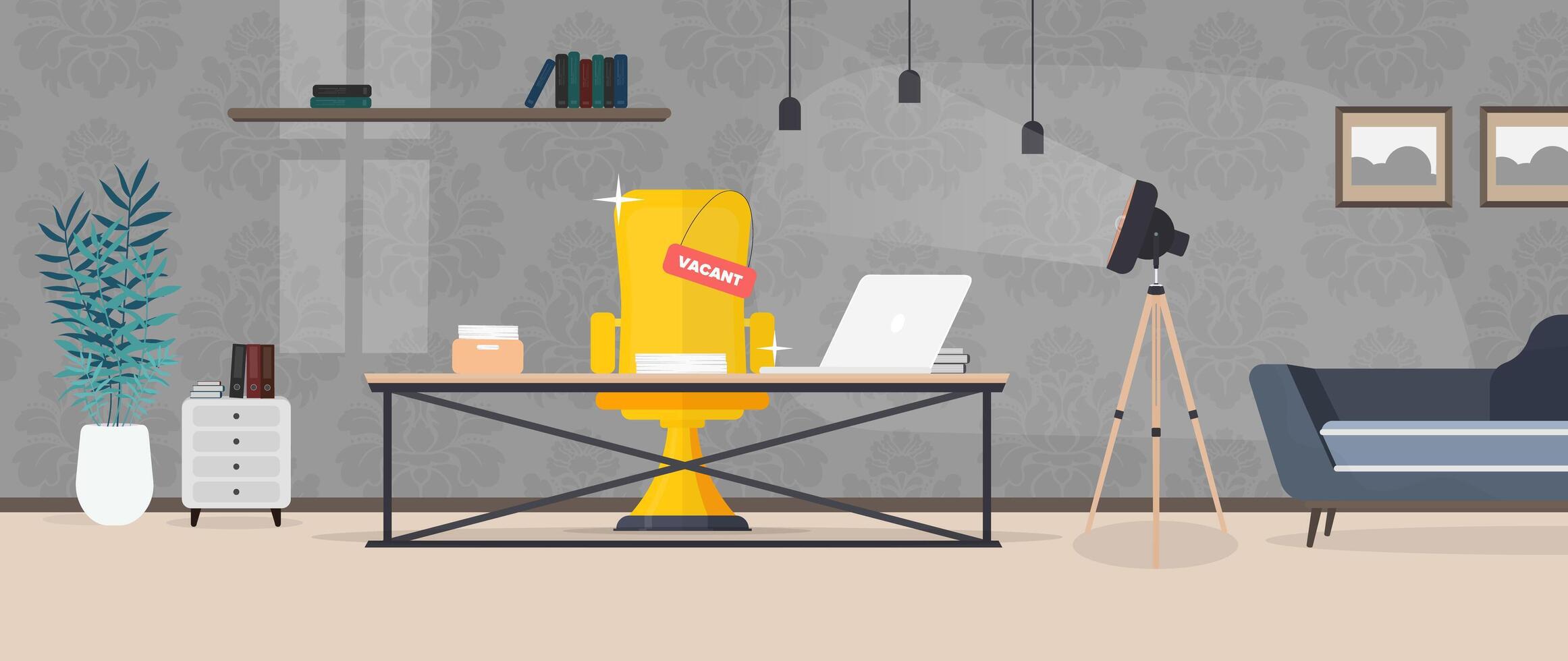 Vacant place banner. Search for a leader. Loft style table. Workplace, books, documents, laptop. Vector. vector