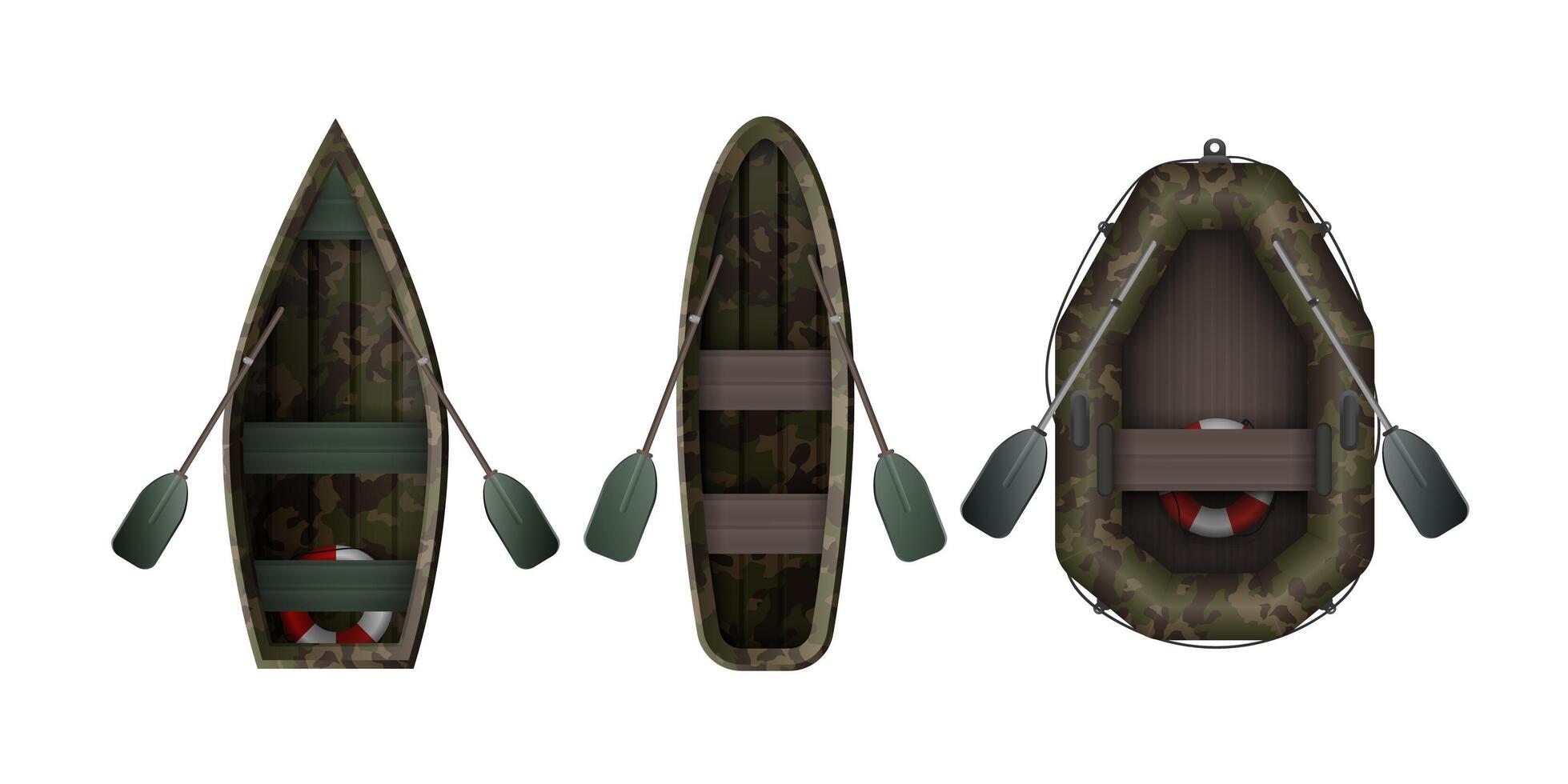 Fishing and tourism boat set with hakki color. View from above. For kayaking and rowing. illustration isolated on white background. Realistic style. vector