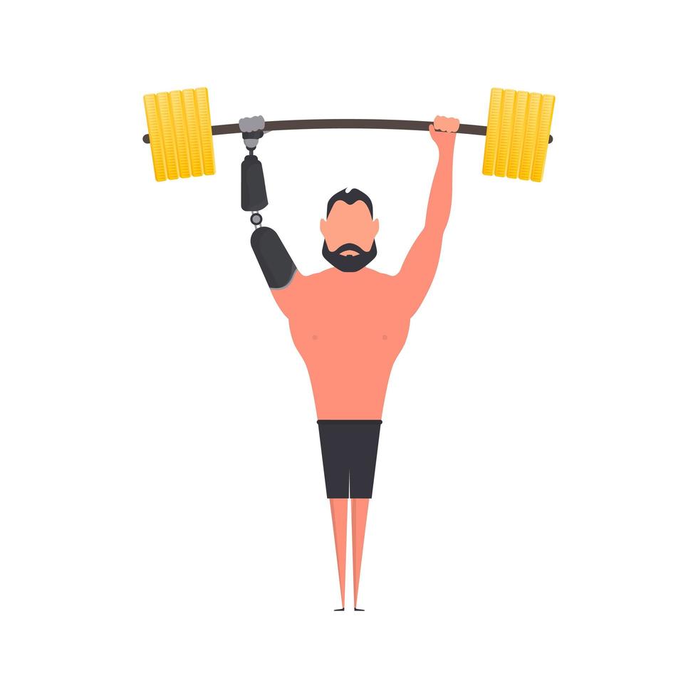 A man with a prosthetic hand lifts the barbell. Vector. vector