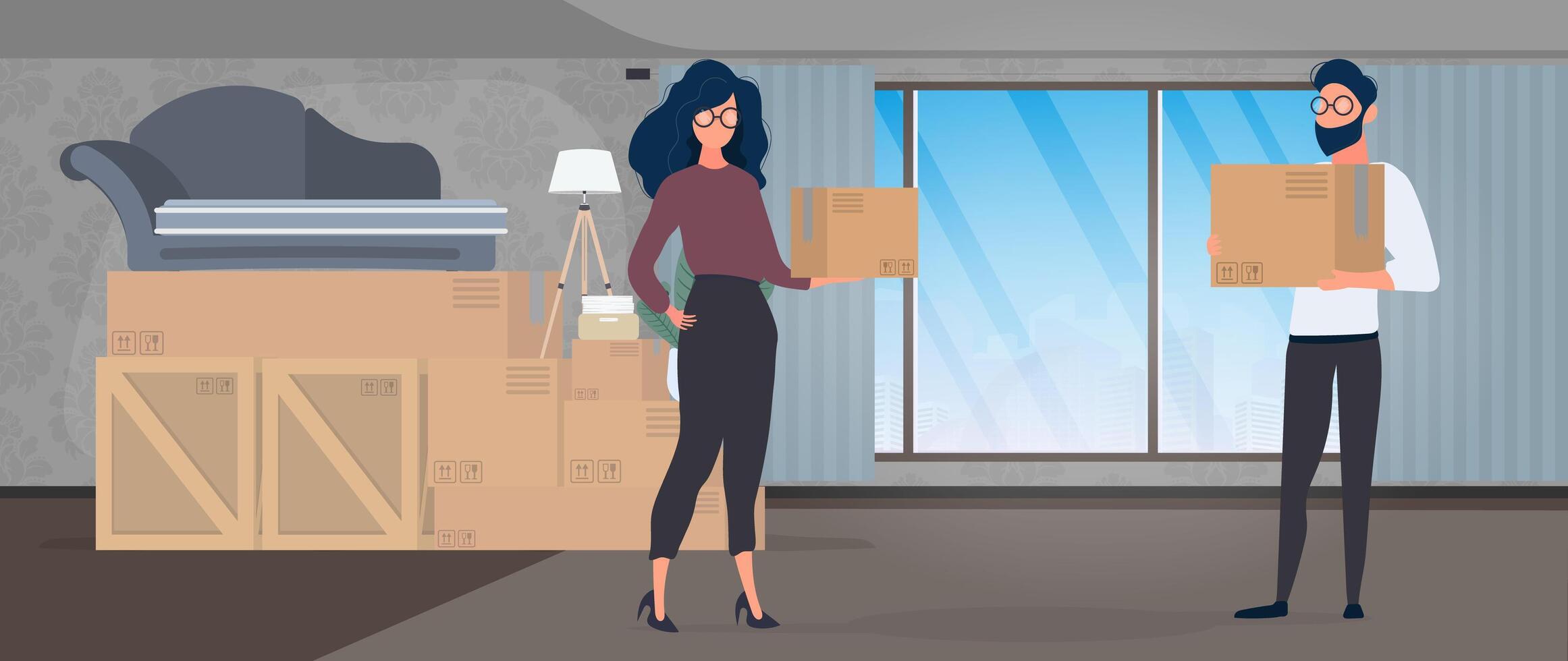 The guy and the girl are holding paper boxes in their hands. Large boxes, sofa. The concept of moving, changing housing, buying an apartment or moving an office. . vector