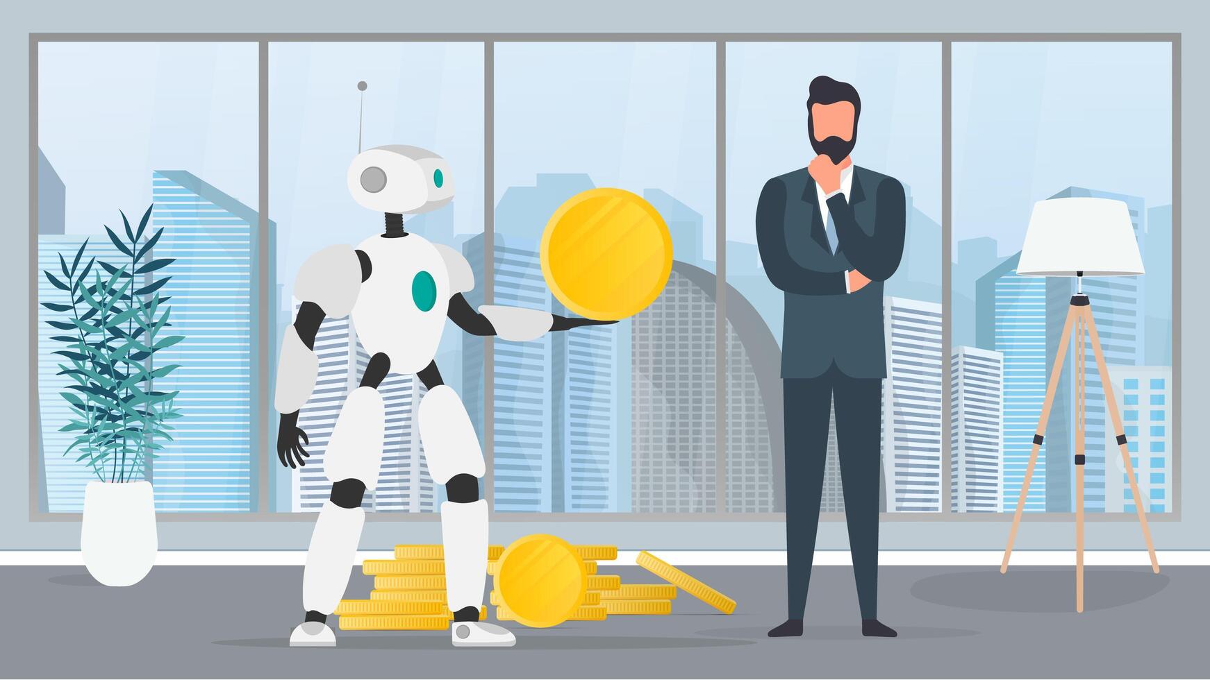 The robot gives a gold coin to a businessman. The robot brings profit to the business. The concept of earnings, profit and wealth. Vector. vector