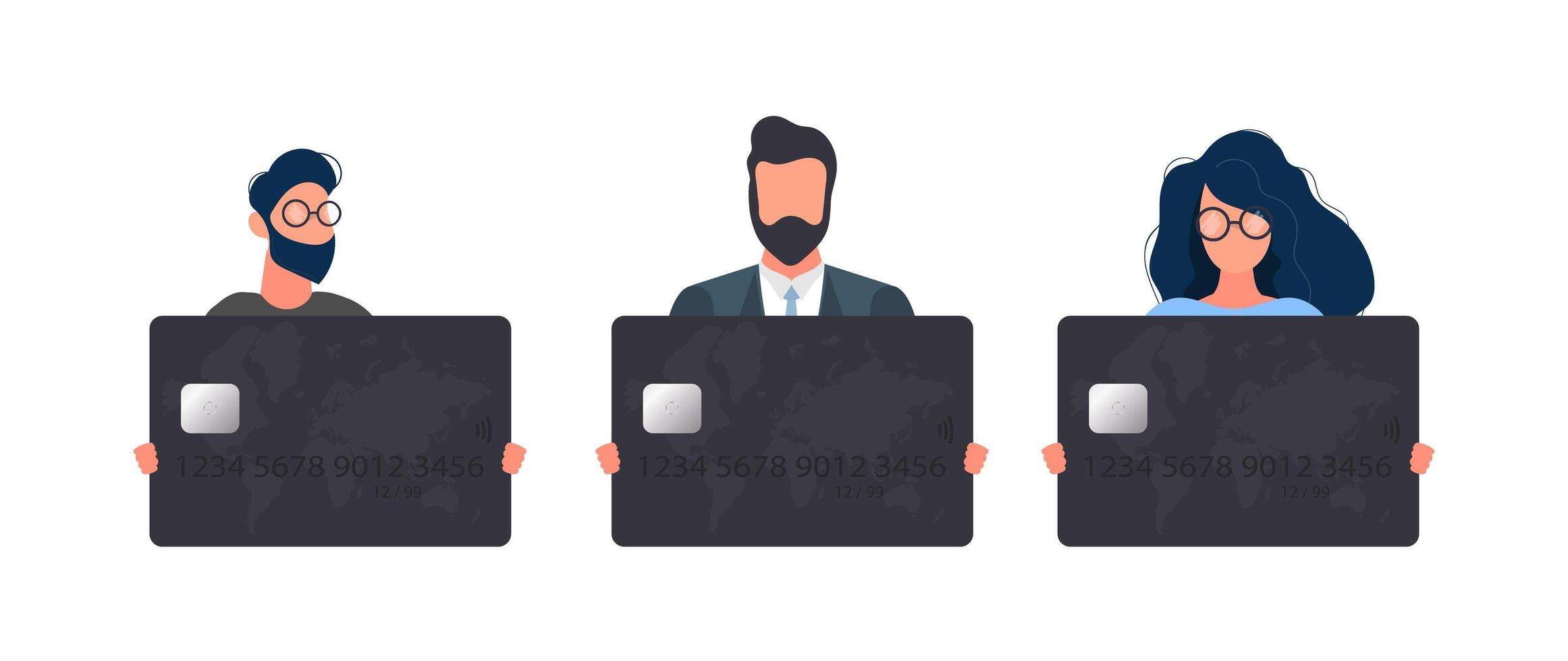 A set of people who hold a black bank card. Young man in a jacket holds a plastic card for an ATM machine, isolated on a white background. . vector