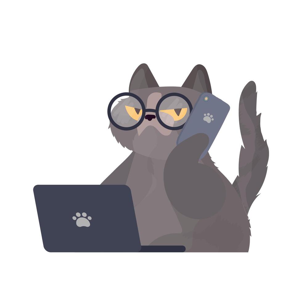 Funny cat with glasses sits at a laptop and holds a smartphone. Sticker Cats with a serious look. Good for stickers, t-shirts and postcards. Isolated. Vector. vector