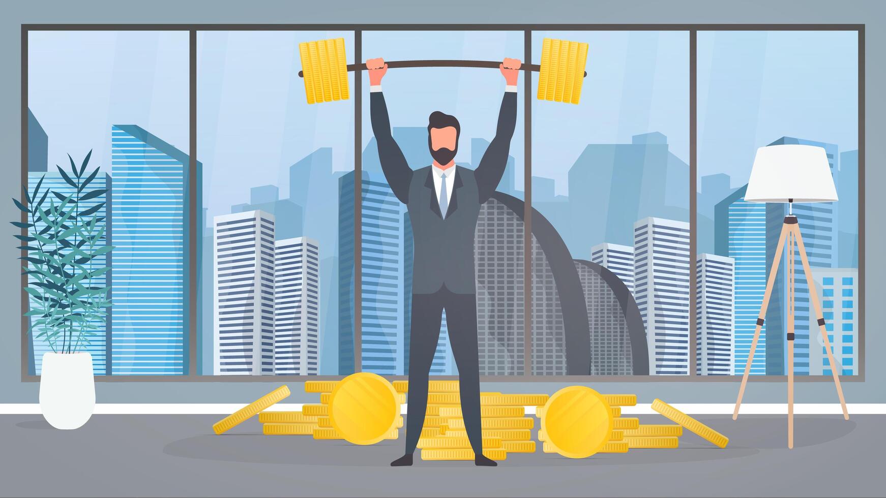 A businessman stands with a mountain of coins and raises the barbell. A man in a suit with a barbell. The concept of a successful business and revenue growth. Isolated. Vector. vector