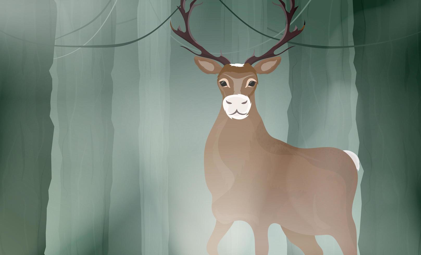 Vector horizontal illustration of dark forest with wild elk in forest.