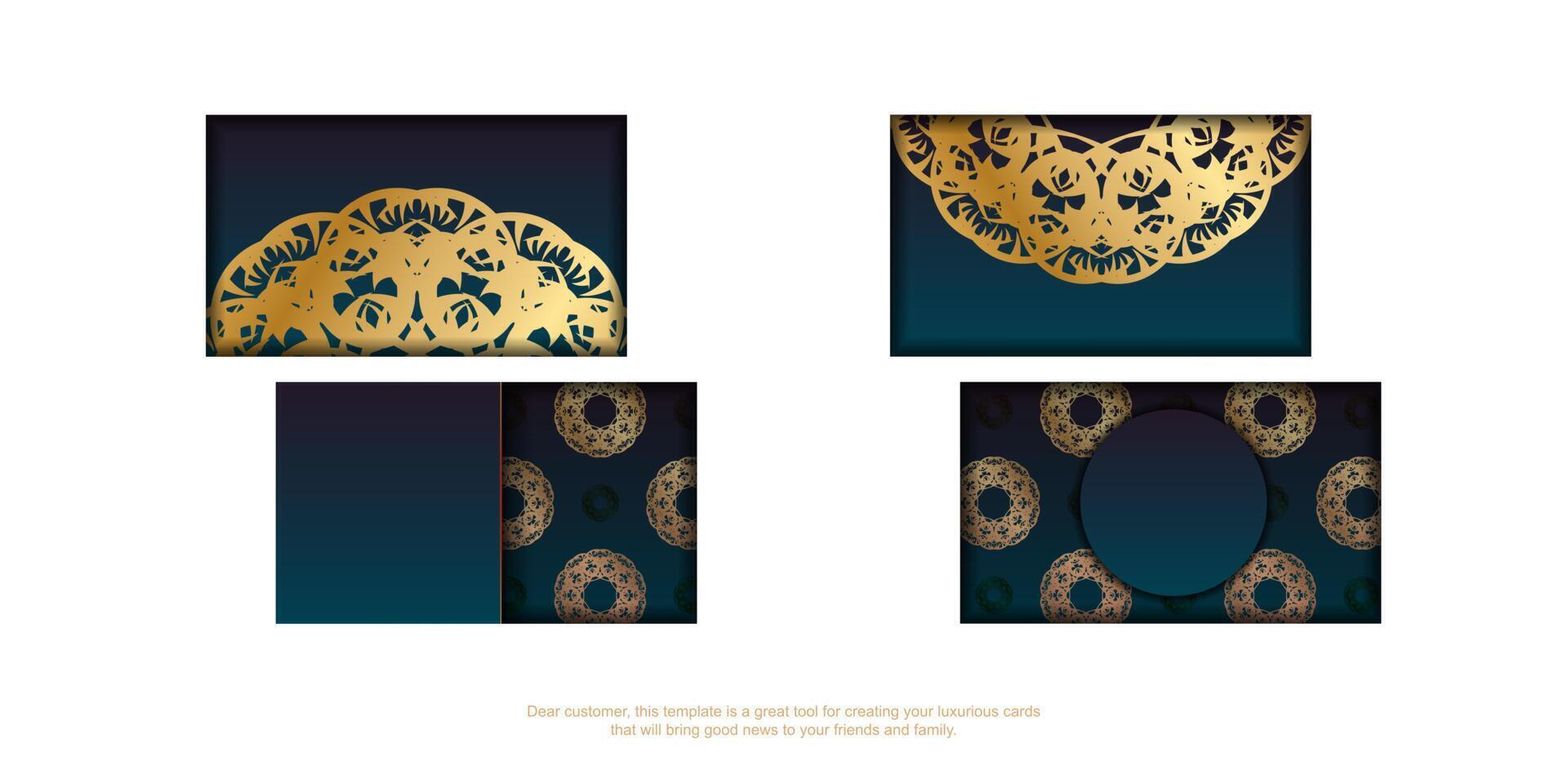 Gradient blue business card with vintage gold ornaments for your personality. vector