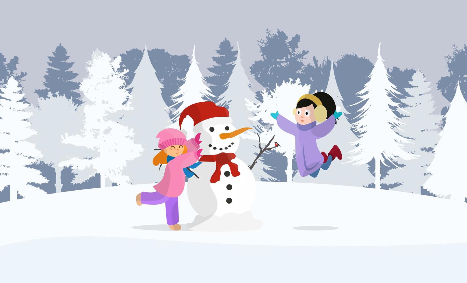 niñas felices en invierno juegan muñeco de nieve. Apto para postales y libros. bosque nevado, chicas con ropa de abrigo, muñeco de nieve de año nuevo. vector. vector