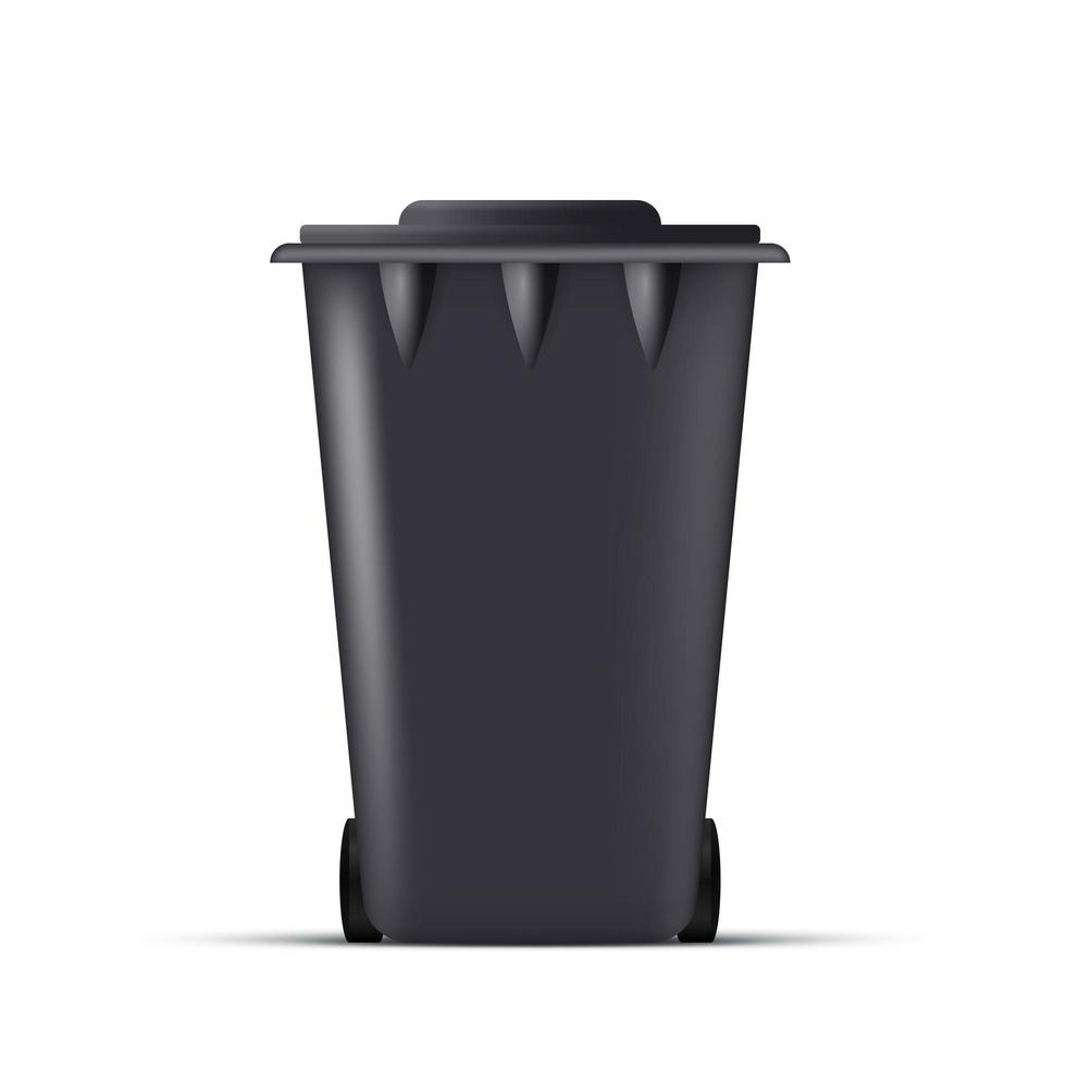 Realistic black trash can. Waste bin with lid and wheels. Eco concept. Vector. vector