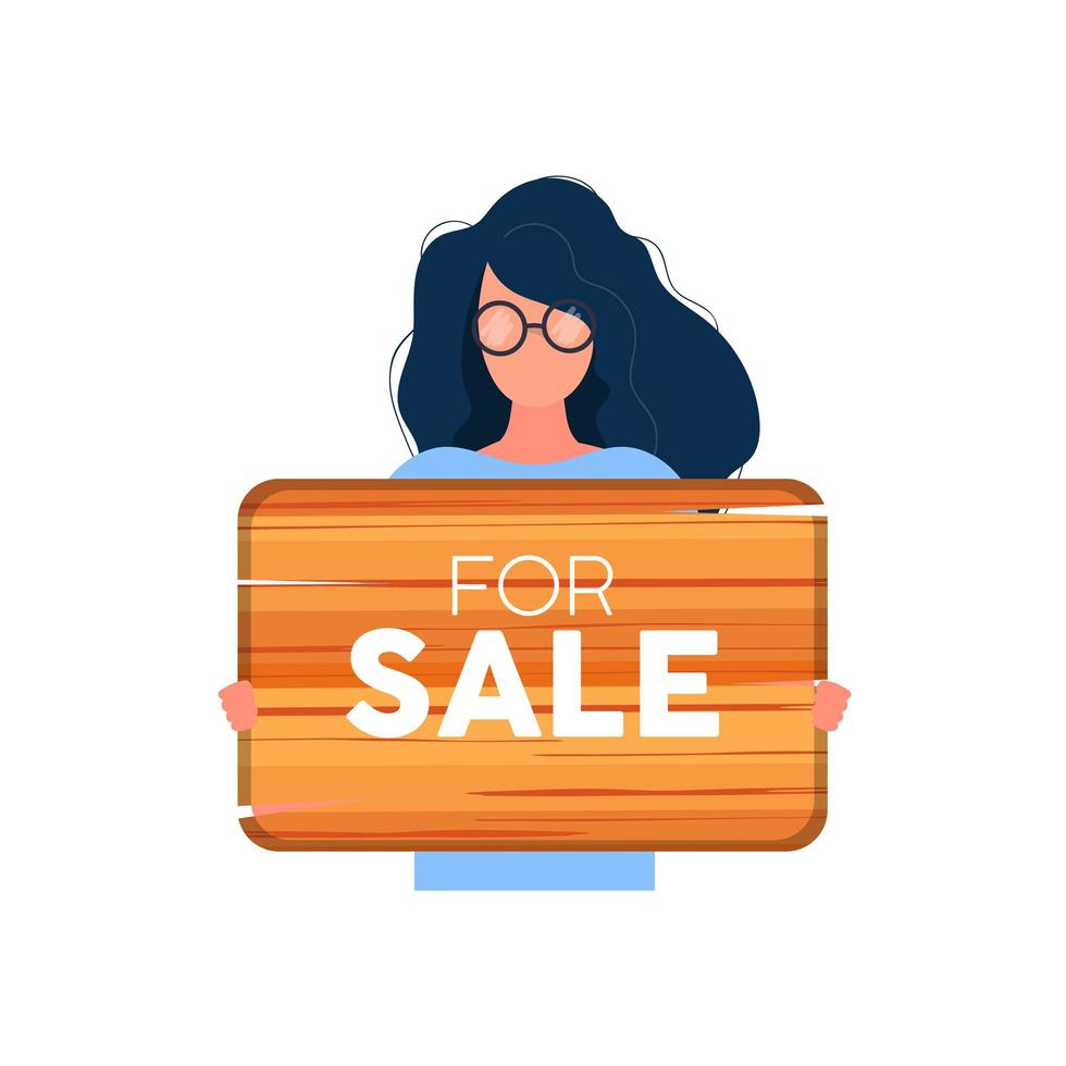 A woman with glasses holds a wooden sign with the inscription For Sale. Young woman holding wooden sign isolated on white background. Vector. vector