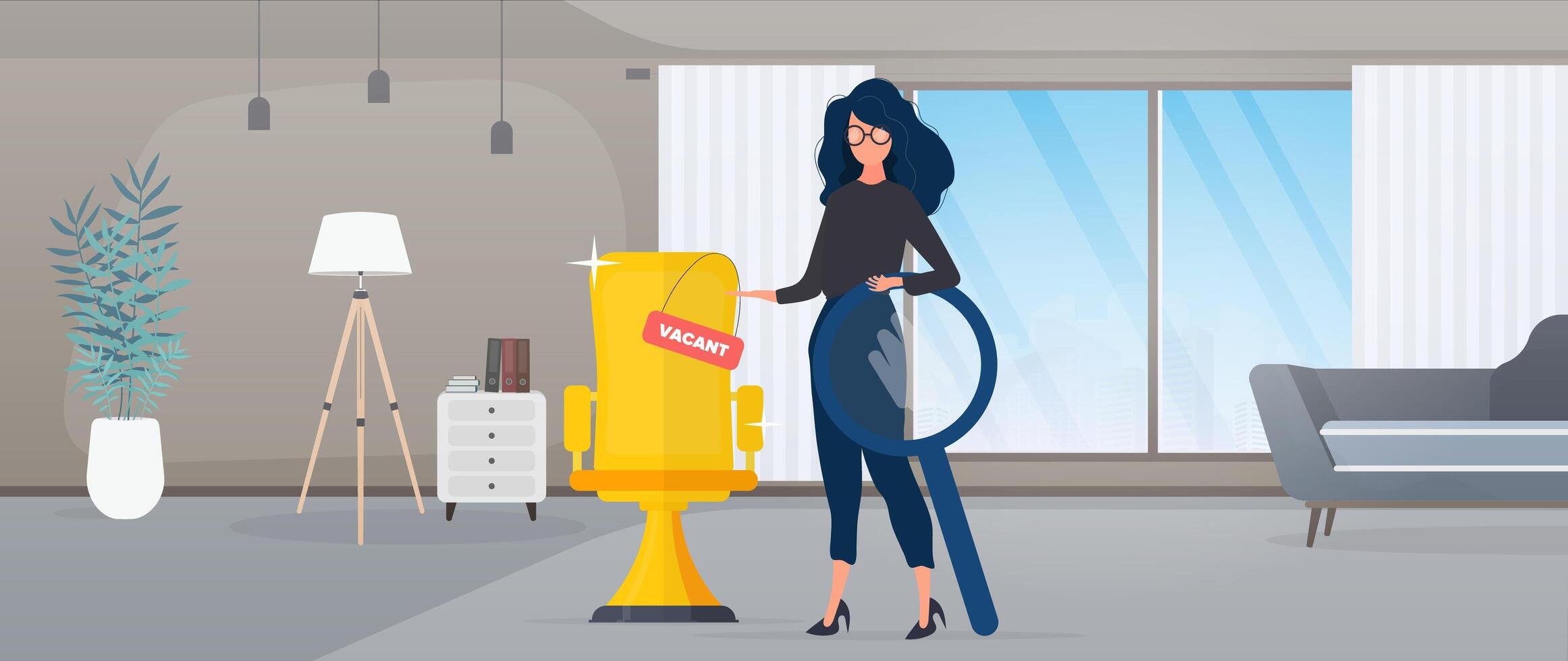 Girl shows on a vacant place. Gold cup in the shape of an office chair. The concept of open work. Suitable for registration on the topic of job search and workers. Vector. vector