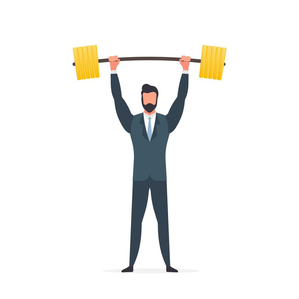 Businessman raises the barbell with gold coins. A man in a suit with a barbell. The concept of a successful business and revenue growth. Isolated. Vector. vector