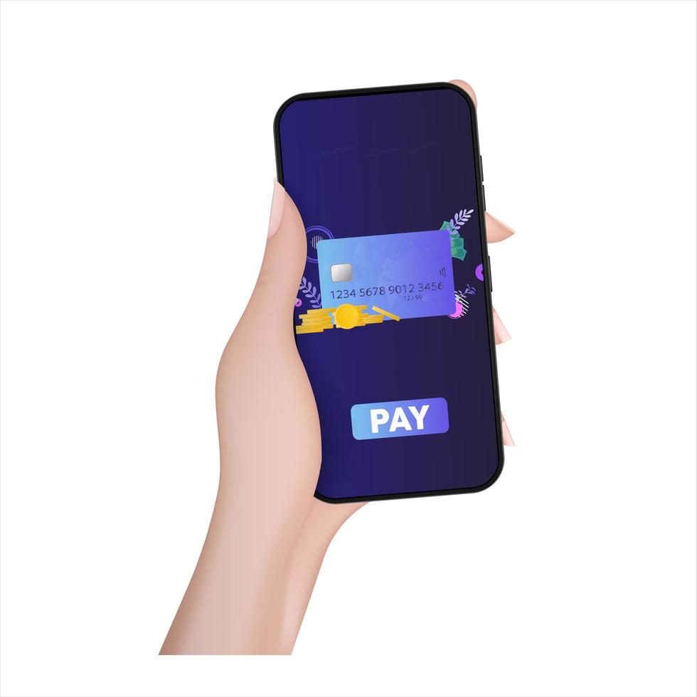 A hand holds a phone with a payment application. Pay button. Credit card, gold coins, dollars. Concept of online shopping and payment. Vector. vector