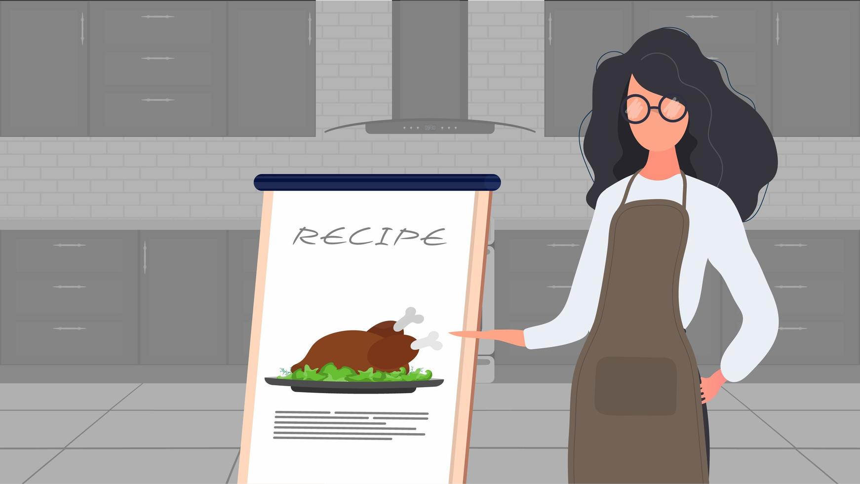 Woman cook in the kitchen keeps leading a culinary vlog. A girl in a kitchen apron holds a fried chicken. Vector. vector