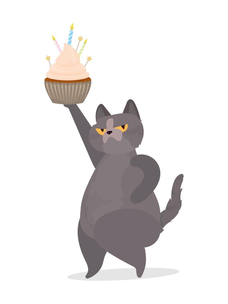 gato gracioso sostiene una magdalena festiva. dulces con crema, muffin, postre festivo, confitería. bueno para tarjetas, camisetas y pegatinas. estilo plano. vector. vector