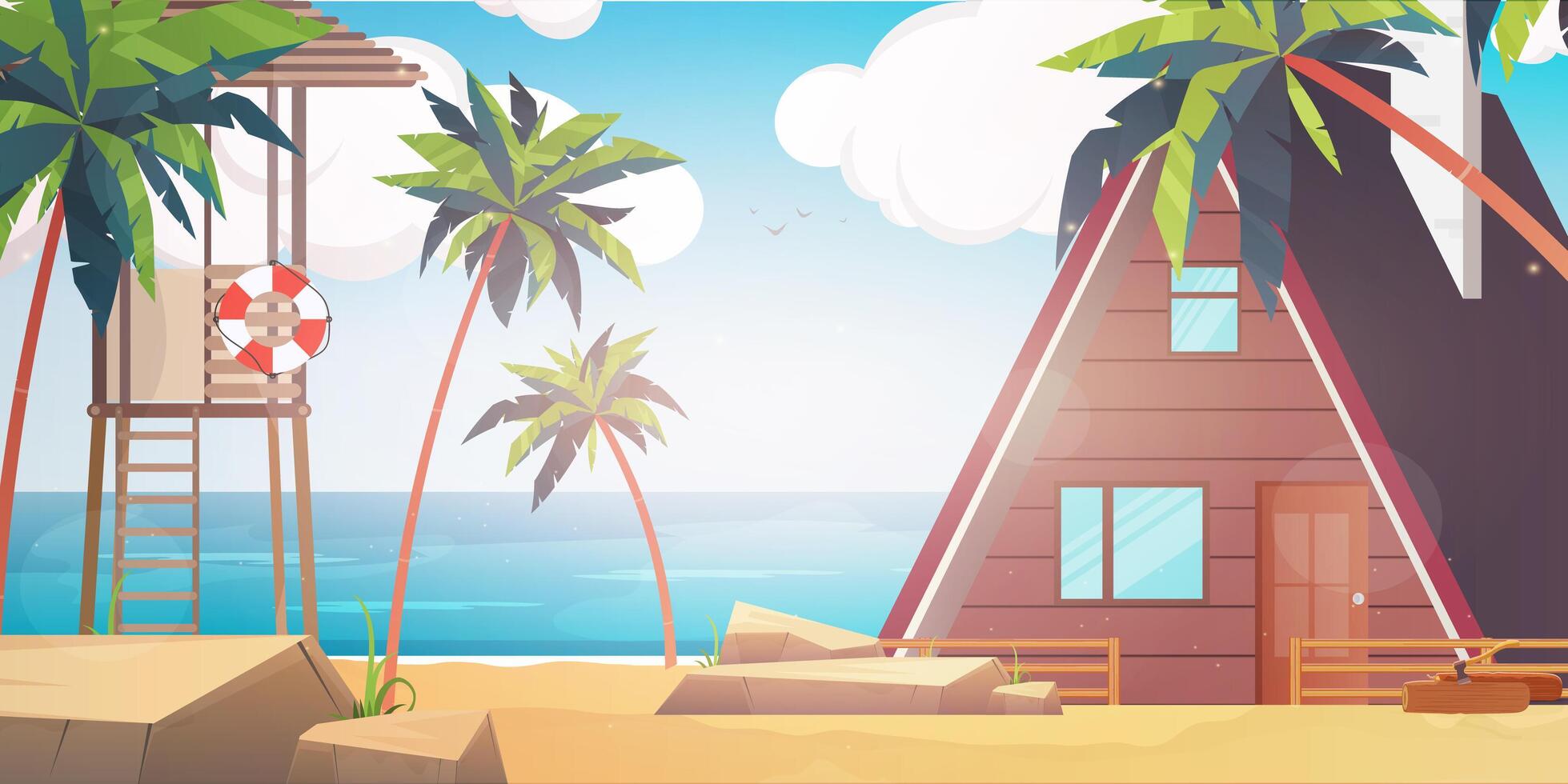 Tropical beach house with palm trees and lifeguard tower vector