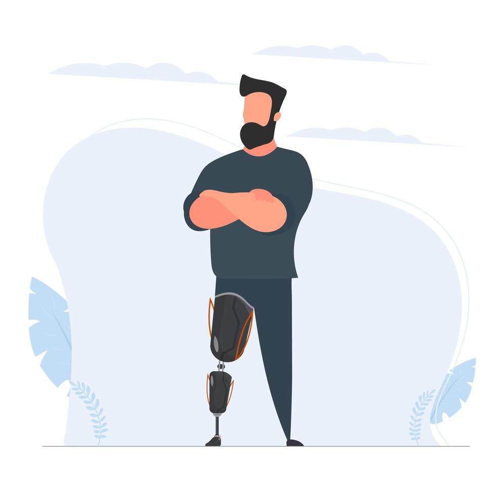 Disabled man with a prosthetic leg. Prosthesis, disabled person. The concept of a fulfilling life without the lost limbs of the body. Vector. vector