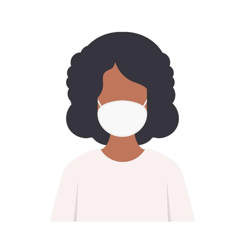 mujer afroamericana con máscaras médicas protectoras. usando una mascarilla. protección contra virus, bacterias, smog, contaminación atmosférica urbana, emisiones de gases contaminantes. vector. vector