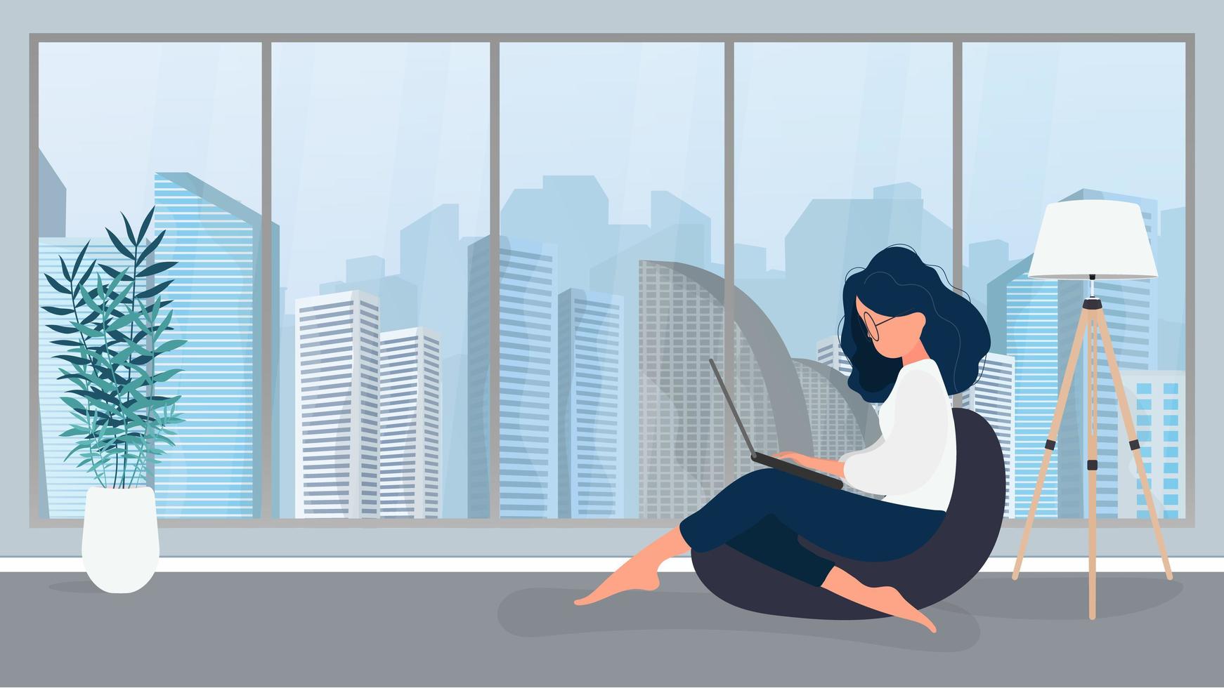 The girl sits on an ottoman and works at a laptop. A woman with a laptop sits on a large pouf. The concept of comfortable work in the office or at home. Vector. vector