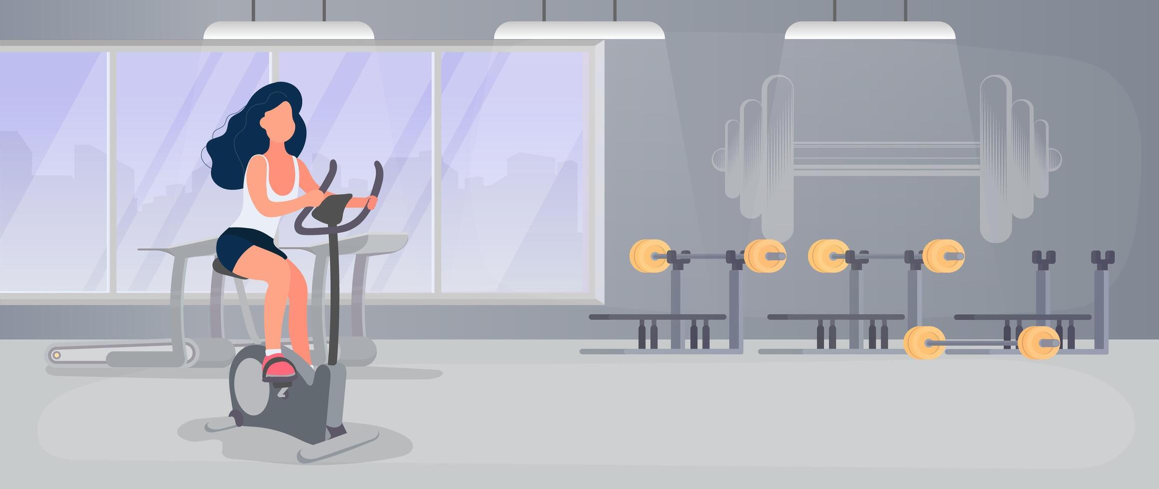 A woman is sitting on a stationary bike in a gym vector