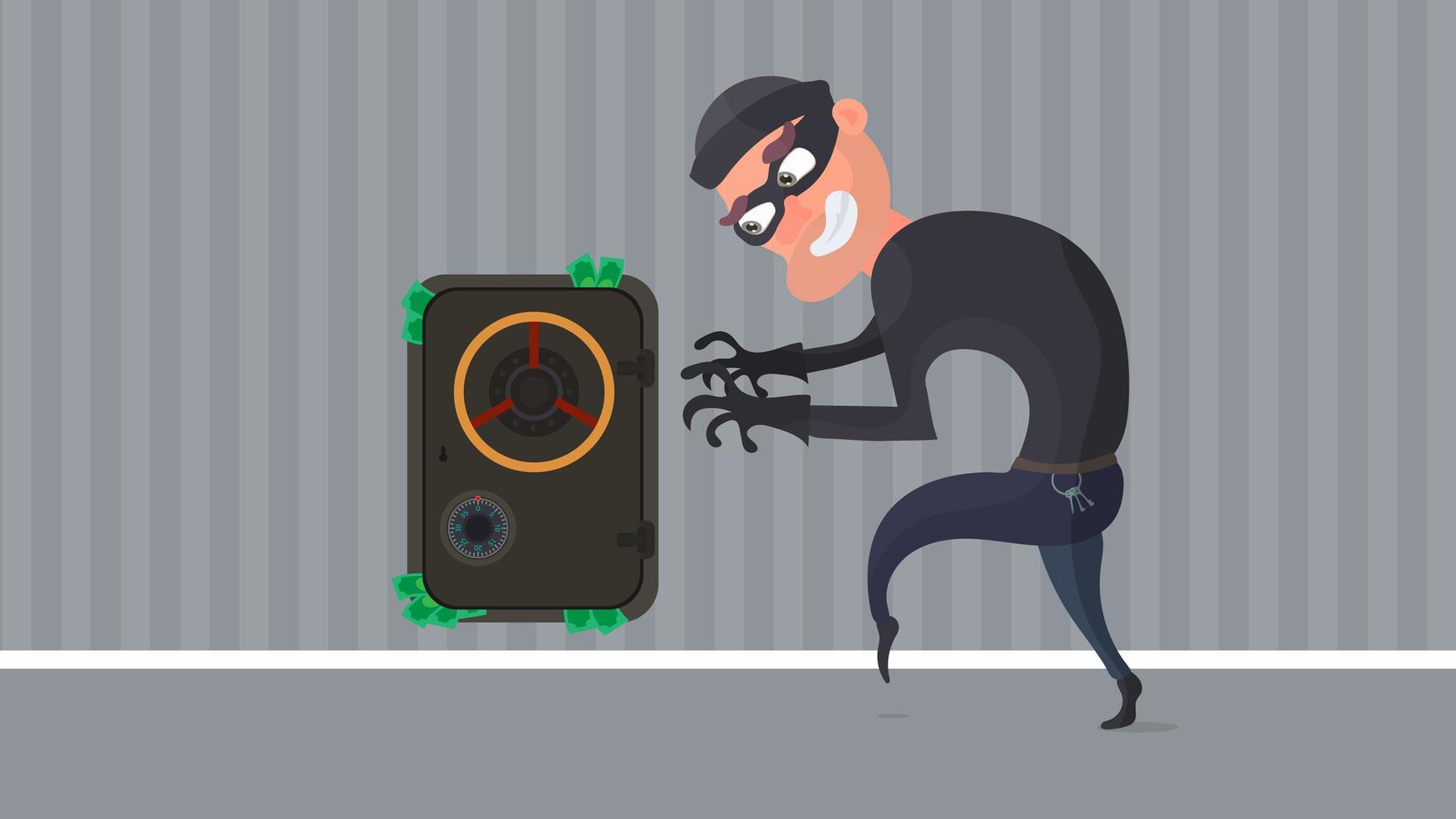 Robber and safe with money. Dollars stick out of the safe. The criminal is planning a robbery. Vector flat style.